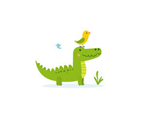 Cartoon Alligator with Bird on Head Smiling Reptile Illustration Cute Animal Design.