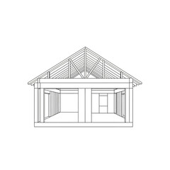 Line drawing of a house frame showing the roof, support beams, and basic structure.