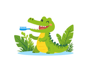 Fototapeta premium Cartoon Alligator Brushing Teeth with Blue Toothbrush Smiling and Winking.