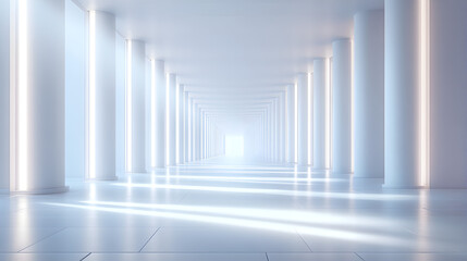 Fototapeta premium Sleek futuristic neon corridor with vibrant glowing LED lights, reflective metallic surfaces, and a dynamic cyberpunk atmosphere conveying advanced sci-fi technology. 65223073 1