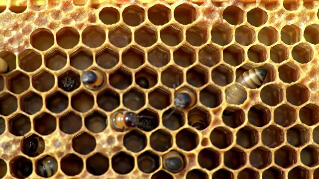 Honeycomb close-up showcasing larvae, pupae and honey-filled cells within a hexagonal pattern