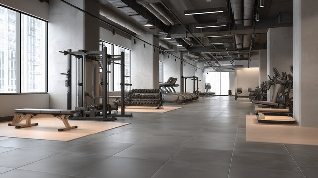 Modern minimalist gym with clean design and neutral palette, showcasing simplicity and focus in fitness.