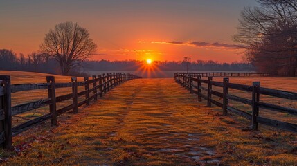 Obraz premium Path leading to vibrant sun rising/setting over rural landscape with wooden fence