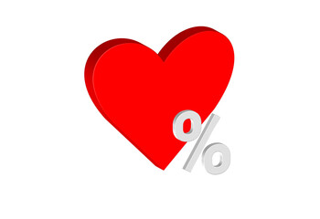 Simple 3D illustration of a heart icon with percentage. Transparent background, PNG format.