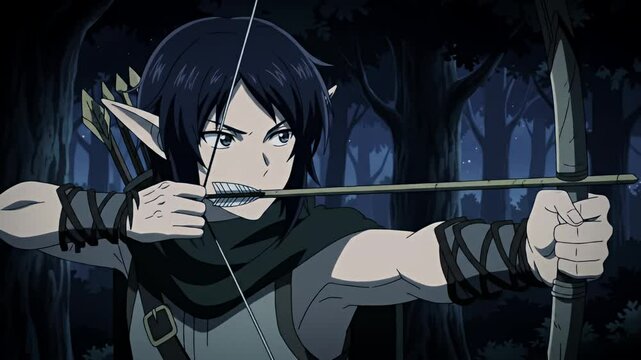 Anime elf archer, draws bowstring with arrow, nighttime forest backdrop, focused expression