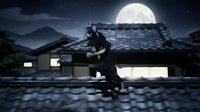 Ninja dashes across rooftop, sword sheathed, against a brightly lit background