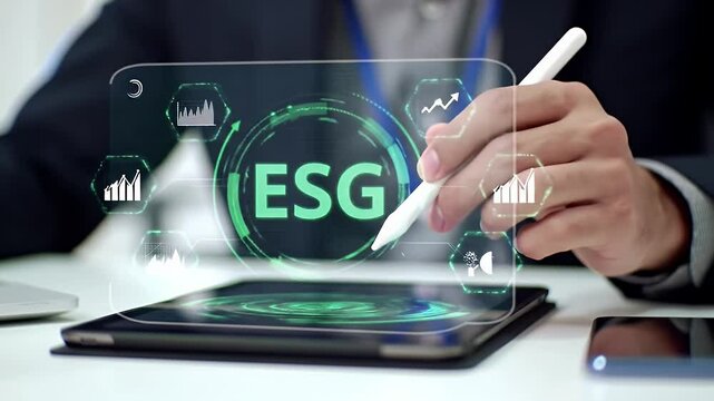 Businessman Interacting with ESG Hologram on Tablet Surface with Stylus Pen on White Desk Surface with Green Accents and Neutral Background