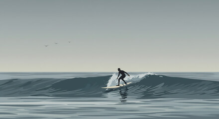 Naklejka premium A lone surfer gracefully rides a powerful, dark ocean wave under a serene, overcast sky.