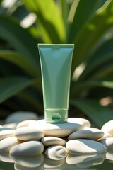 A minimalist green cosmetic tube rests on smooth white stones with a soft focus green foliage background and water reflection