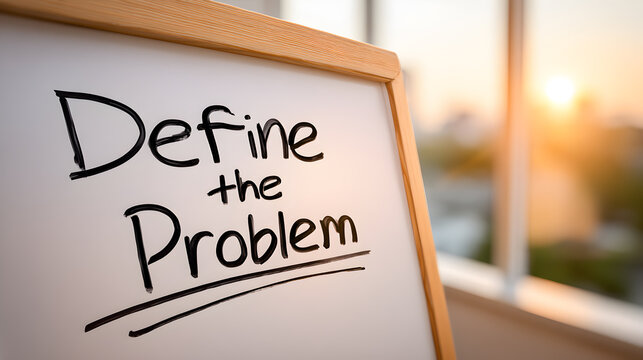 An inspirational image featuring a whiteboard that reads, "Define the Problem" against a sunset background, perfect for presentations.