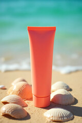 A coral colored tube of sunscreen stands on a sandy beach surrounded by seashells with the ocean in the background