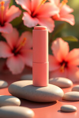 A minimalist pink lipstick tube rests on a smooth stone surrounded by soft pink hibiscus flowers and spa stones