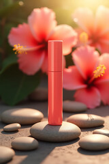 A coral colored lipstick tube stands on a smooth stone surrounded by soft pink hibiscus flowers and pebbles