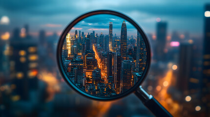 AI-powered illustration of magnifying glass hovering over a brightly lit nighttime cityscape, highlighting advanced image recognition technology and intelligent urban data analysis 60573731 1