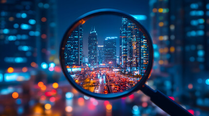 Illustration of magnifying glass hovering over a vibrant, illuminated nighttime cityscape, symbolizing AI-powered image recognition technology and smart urban visualization 87773816 2