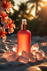 A radiant coral spray bottle with a gold cap sits surrounded by luminous crystals and soft focus hibiscus flowers at sunset