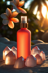 A radiant pink cosmetic spray bottle glows with warm sunlight surrounded by illuminating crystals and soft focus plumeria flowers