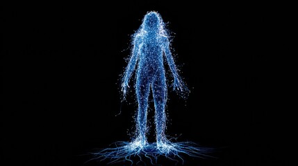 Glowing Neural Network Merging with Human Silhouette, Interconnected with Biological Systems, Abstract Medical Visualization