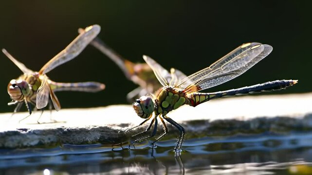 Two colorful dragonflies rest by the water, transparent wings catching sunlight