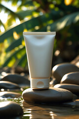 A minimalist beige cosmetic tube stands on smooth river stones in shallow water with soft green foliage in the background