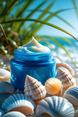 Luxurious blue jar of white cream surrounded by seashells on a sandy beach with ocean and palm leaves in the background