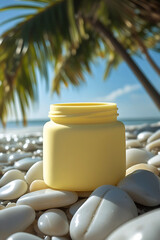 A bright yellow jar sits on smooth white pebbles with a blurred tropical beach and palm trees in the background