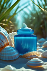 Luxurious blue cosmetic cream in a glass jar surrounded by seashells on a sandy beach with soft green foliage background