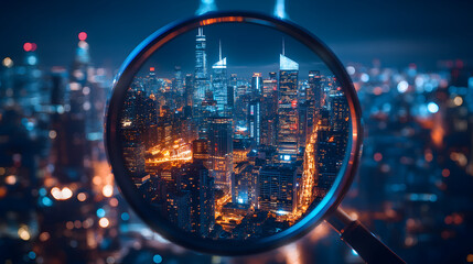 AI-powered illustration of magnifying glass hovering over illuminated cityscape at night, highlighting advanced image recognition technology and urban digital analysis 88119403 5