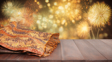 Malaysia Day: Traditional songket shawl with gold embroidery, draped over teak wood with fireworks in the background.