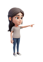 Cartoon Style 3D Brunette Girl Pointing With Transparent Background