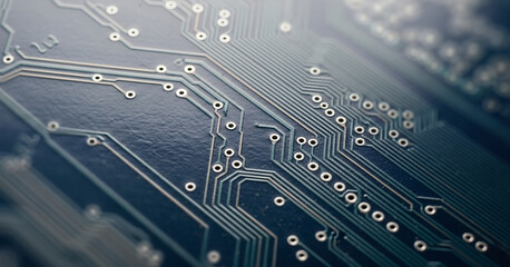 Close-up of a blue computer circuit board with intricate patterns and connections, illustrating the layout of digital logic systems used in modern computing hardware
