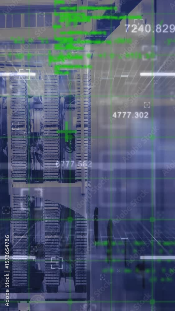 Poster animation of data processing and scope scanning against computer server room