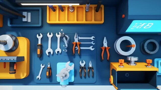 Cartoon-style tools organized on a workbench with bright yellow & blue backdrop