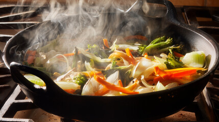 Fresh vegetables sizzling in a cast iron pan, steam rising under soft kitchen lighting.