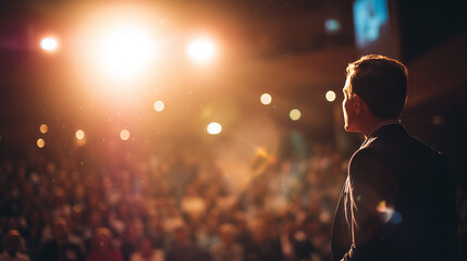 A presenter commands the stage, exuding confidence and expertise in a corporate setting.