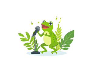 Fototapeta premium Cartoon Green Frog Singing into Microphone with Musical Notes.