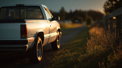 White pickup truck on a quiet rural road at dusk, bathed in golden light, evoking a serene countryside moment.
