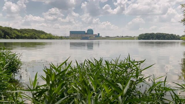 A nuclear power plant on a cooling lake. Views of the station from across the lake. The lake was constructed primarily as a cooling lake for the power station, it is also used recreationally. 