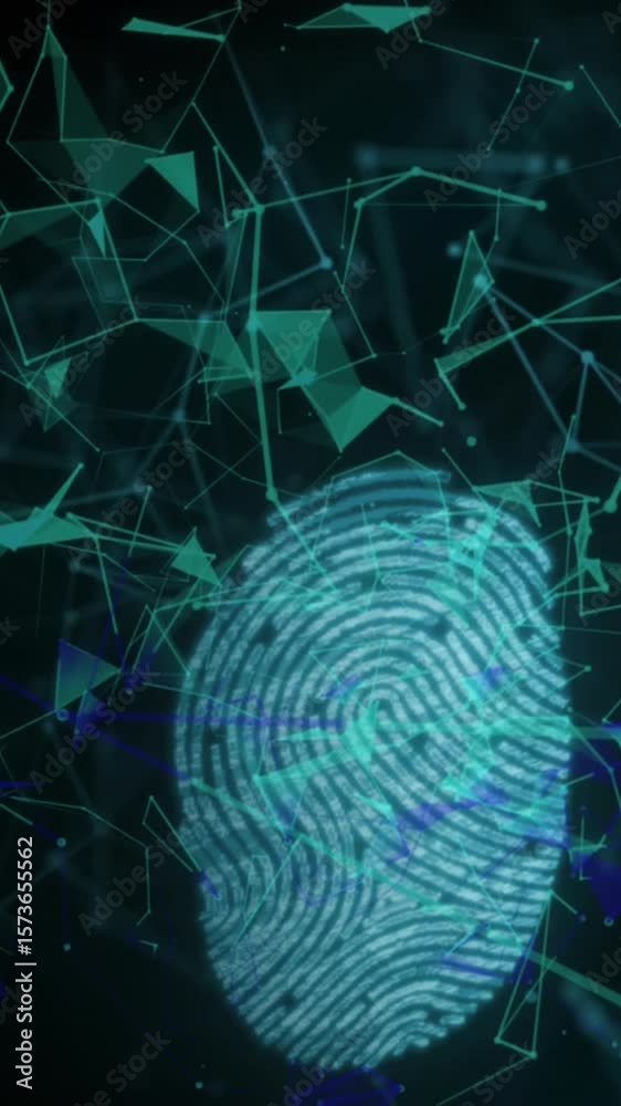 Poster animation of security padlock icon and biometric fingerprint scanner against plexus networks