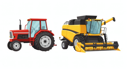 Fototapeta premium Farming Equipment Illustration: A vibrant illustration features a red tractor and a yellow combine harvester, symbolizing agricultural efficiency and progress.