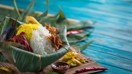 Malaysia Day: Steaming bowl of nasi lemak with pandan leaves, coconut rice surrounded by sambal and anchovies.