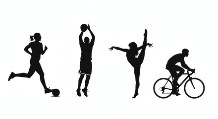 Fototapeta premium Active Pursuits Silhouettes: Energetic silhouettes of a runner, basketball player, gymnast, and cyclist. A visual celebration of motion, strength, and the joy of movement.