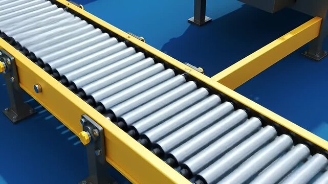 Yellow-framed roller conveyor belt with steel rollers on a flat blue surface