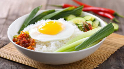 Malaysia Day: Steaming bowl of nasi lemak with pandan leaves, coconut rice surrounded by sambal and anchovies.