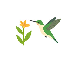 Obraz premium Cartoon Hummingbird Hovering Near a Yellow Flower with Green Leaves.