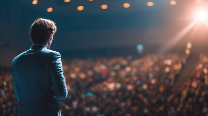 A presenter commands the stage, exuding confidence and expertise in a corporate setting.