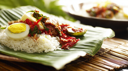Malaysia Day: Steaming bowl of nasi lemak with pandan leaves, coconut rice surrounded by sambal and anchovies.