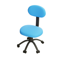 3D illustration of a modern blue office chair with wheels and backrest, rendered in soft cartoon style for interior design visuals.