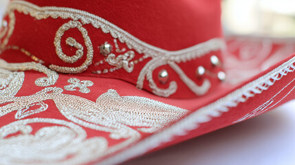 Mexican Independence Day: Hand-embroidered charro hat with silver embellishments, deep red fabric and intricate stitching under golden light.