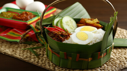 Malaysia Day: Steaming bowl of nasi lemak with pandan leaves, coconut rice surrounded by sambal and anchovies.